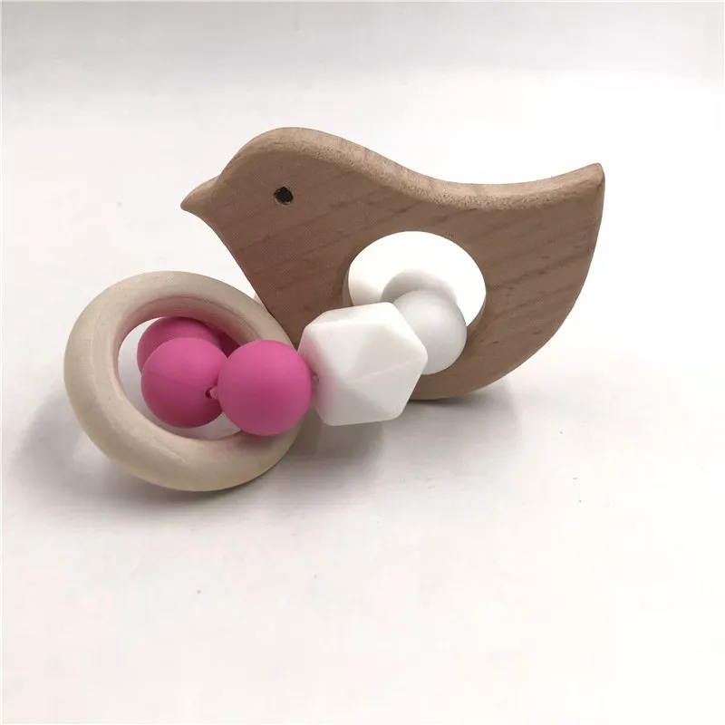 Handmade Wooden Animal Wooden Rattles And Teethers DIY Baby Teething Toy With Hand Ring Bells