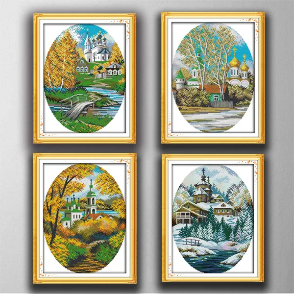 4 in 1 Four seasons coast Handmade Cross Stitch Craft Tools Embroidery Needlework sets counted print on canvas DMC 14CT /11CT