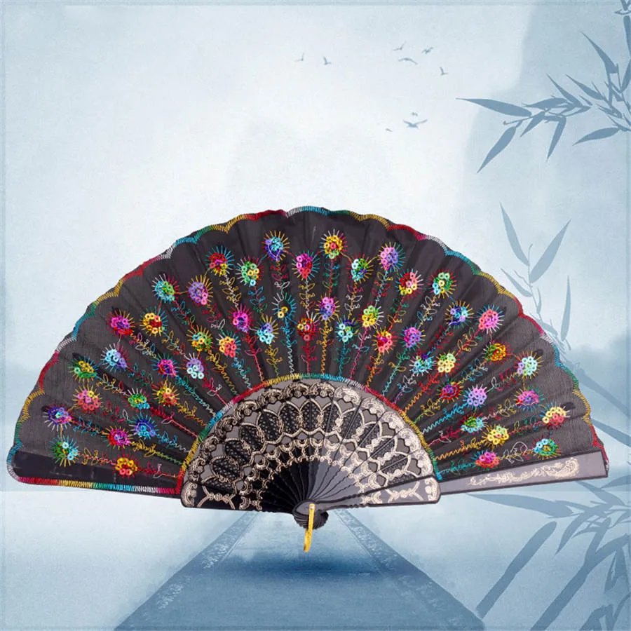 Handmade peacock Embroidery Fabric folding fan silk top grade bridal fans Bridesmaid fans hollow bamboo handle wedding accessories Fold fans