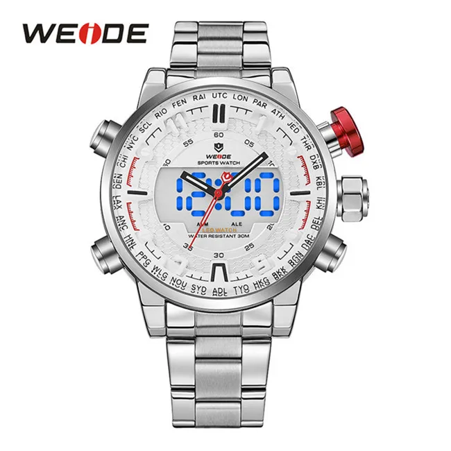 WEIDE MenS Sports Model Multiple Functions Business Auto Date Week Analog LED Display Alarm Stop Watch Steel Strap Wrist Watch2790