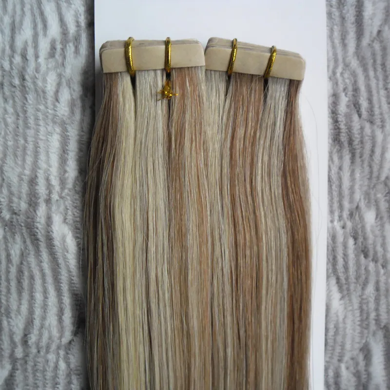 Rechte tape in extensies Menselijk Haar 100% Real Remy Hair Blonde 100G 40pcs 10 tot 24 Inch Tape in Haar Extension Skin Inslag 100% Menselijk Haar