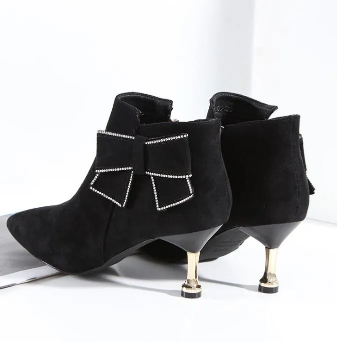 Women Ankle Boots Mid High Heels Short Boots 2019 Winter Pointed Toe Spike Heels Autumn Shoes Slip On Black Shoe