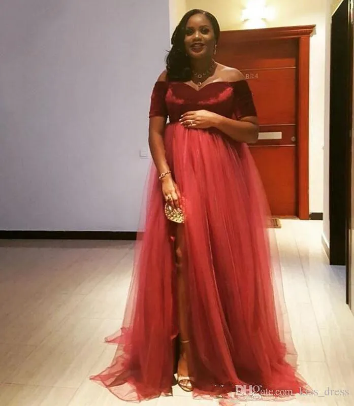 2023 Hot Selling Dark Red Plus Size Tulle Long Red Evening Dress With Off Shoulder A Line Design And High Split For Maternity Formal Party And Prom From Uniquedresses 94.98 DHgate.Com