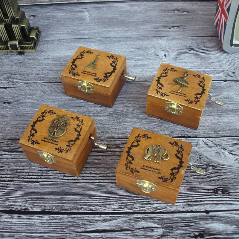 Wooden Hand Crank Music Box Retro Eiffel Tower Hand Cranked Music Box