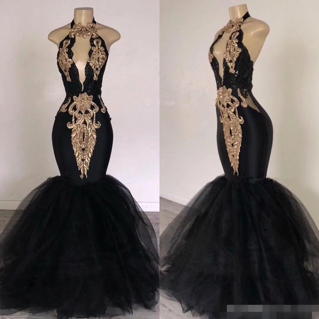 Halter Sexy Long Black Evening Dresses Pluning Mermaid Tulle Gold Applique Embroidery Formal Ocnn Wear Prom Party Ball Gown