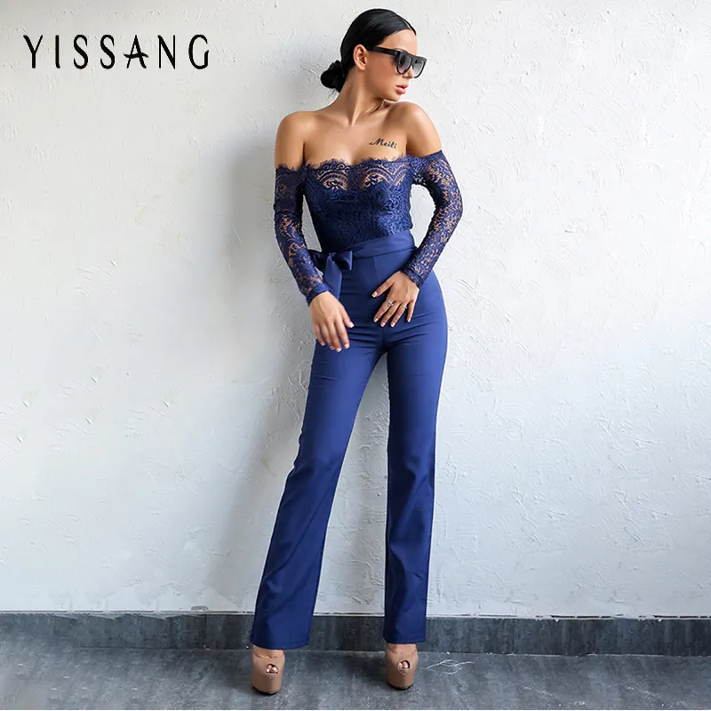 Yissang Elegante Fora Do Ombro Rendas Mulheres Jumpsuit Preto Manga Longa Equipado Sexy Romper Playsuit Macacão Feminino Sem Encosto Y19051501