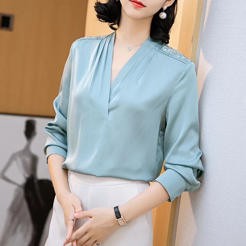 100 de primavera y verano de seda real de la blusa de ropa de las mujeres 2020 se oras elegantes del V Cuello Camisa Sexy Vintage Tops Blusas 2006