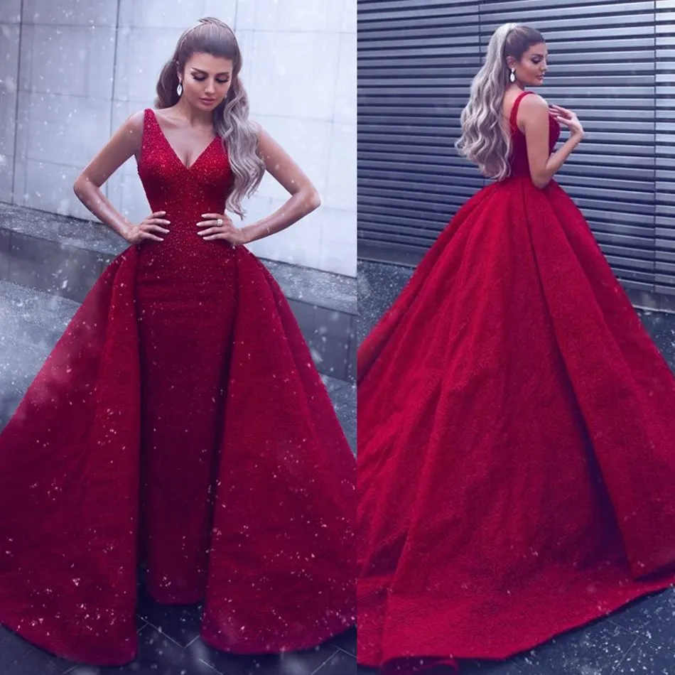 Расшитые блестками красные блестящие платья выпускного вечера Русалка со съемным шлейфом V-образным вырезом Вечерние платья Формальное вечернее платье на заказ robes de soir￩e