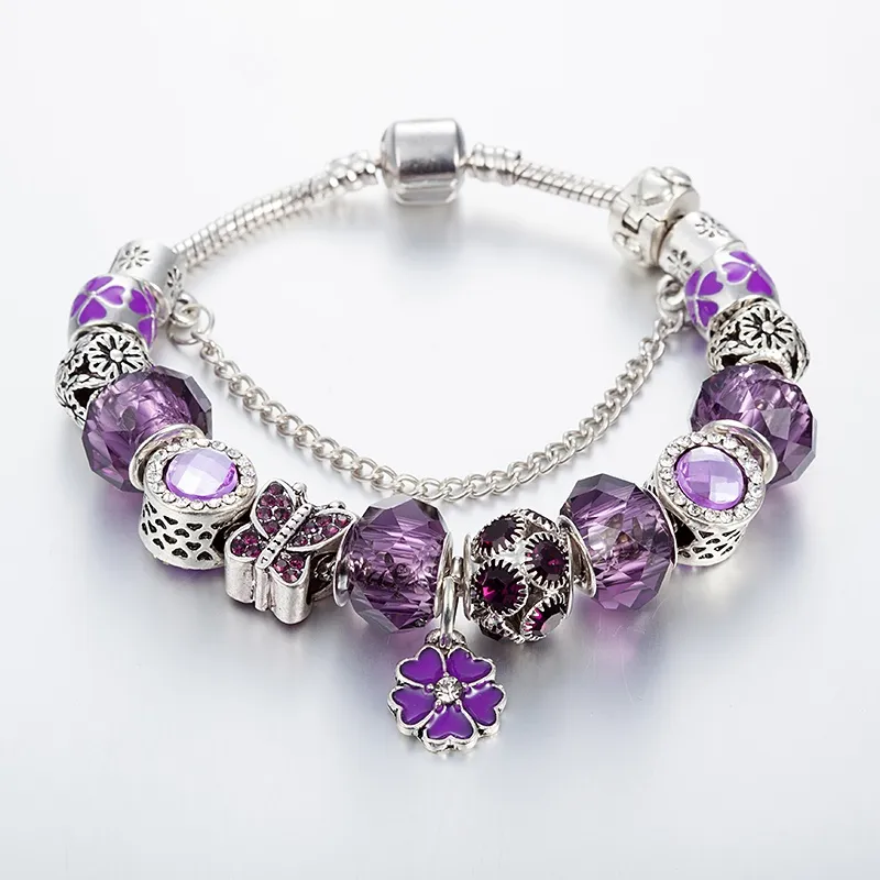 Geheimnisvolles lila Charm-Armband mit Kleeblatt-Anhänger, geeignet für versilbertes Pandora-Luxus-Designer-Original-Box-Set, DIY-Perlen-Bra255J