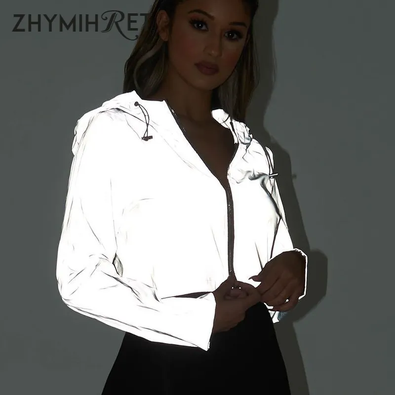 Women's Jackets ZHYMIHRET 2021 Spring Reflective Female Jacket Casual Sport Hooded Short Coat Women Crop Top Casaco Feminino Manteau Femme