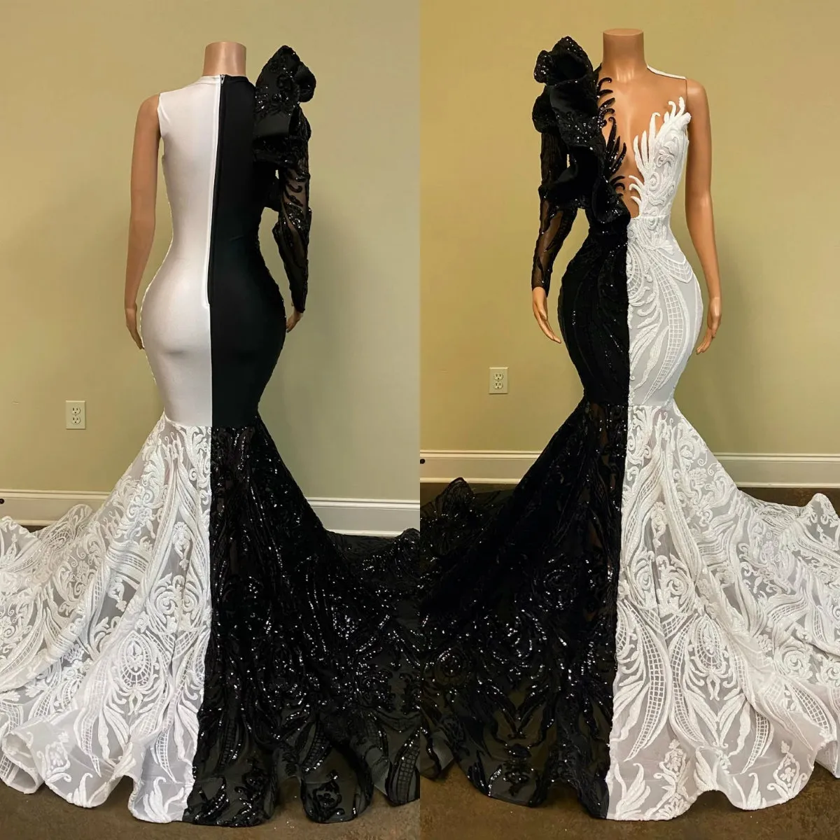 2020 Czarno-białe Syrenki Suknie Wieczorowe Wysokiej szyi Cekiny Appliqued Lace Court Train Party Dress Custom Make Formal Evening Suknia