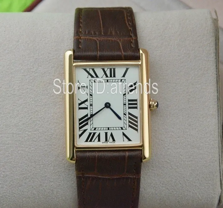 Super Thin Series Top Fashion Reloj de cuarzo Hombres Mujeres Esfera dorada Correa de cuero marrón Reloj de pulsera Diseño rectangular clásico Vestido Clock287u