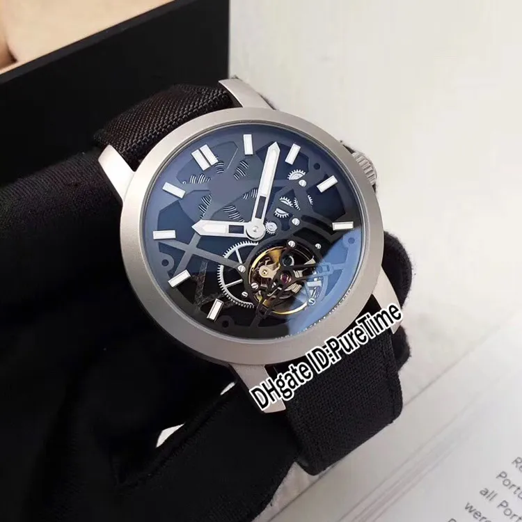 New Master Compressor Steel Case Black Skeleton Dial Automatic Tourbillon Mens Watch Nylon Leather Strap Cheap Watches Puretime E5263R