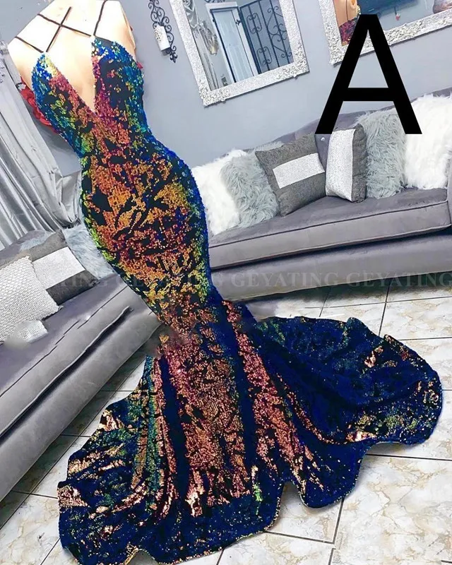 Kolorowe Cekiny Velvet Mermaid Black Girls Prom Dresses 2019 Sexy V-Neck African Evening Party Dress Long Robe de Soiree Rats En Paillette