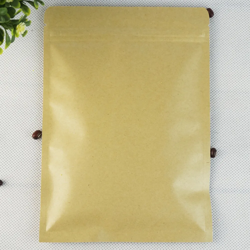 15x22cm 100 sztuk / partia Brązowy Papier Kraft Papier Aluminiowy Folia Ziplock Torba, Wielokrotnego użytku Opakowanie wieprzowe Suszone Zip Pakiet Pakiet Żywności, Worek Kokosowy