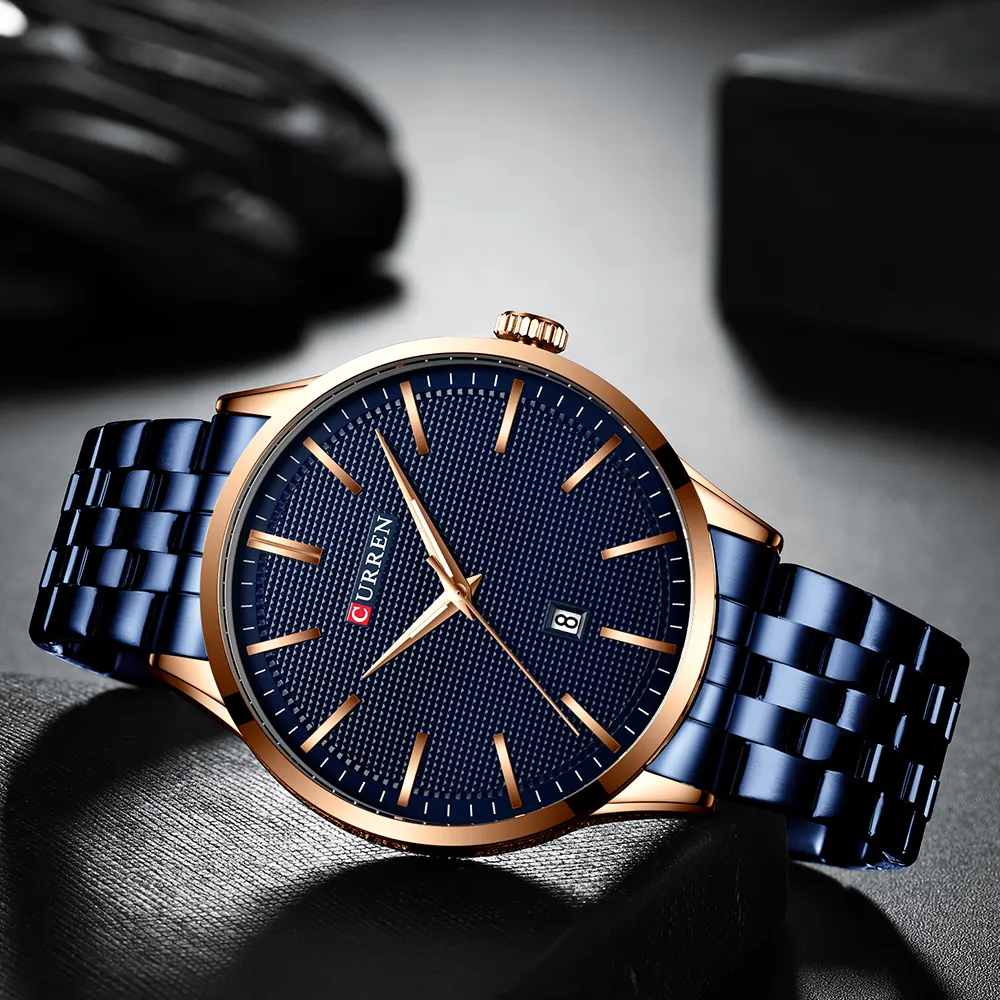 Fashion Quartz Watches for Men Curren New Men's Watch Zegarek ze stali nierdzewnej Zespół Zegar męski Niebieski na rękopis