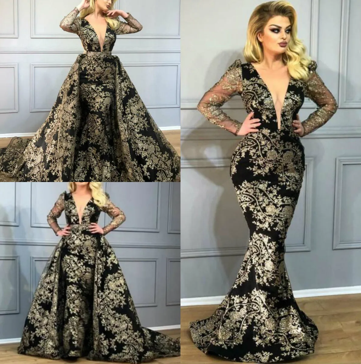 YouSef Aljasmi Syrenki Suknie Wieczorowe z odpinanym pociągiem V Neck Długie rękawy Gold Prom Dress Dubai Lace Party Pageant Suknie Plus Rozmiar