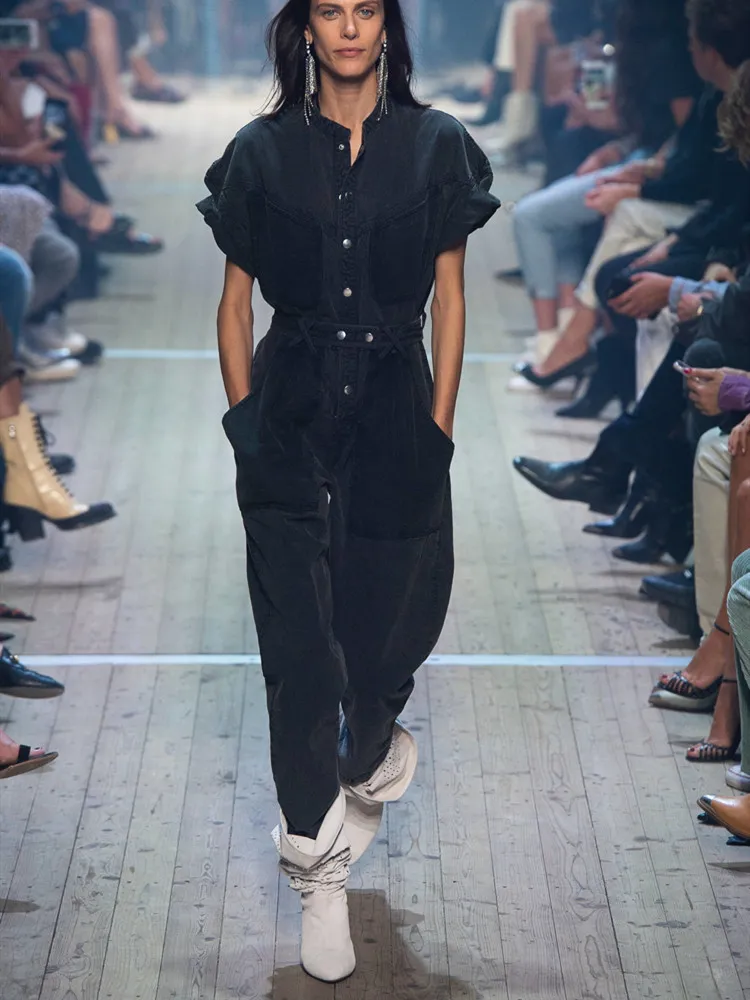 Runway rompers Denim womens jumpsuit 2019 Streetwear Women Overalls Loose Batwing Sleeve Long Black jeans Jumpsuits CX200608