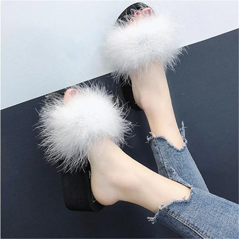 Hot Sale-WHF Fur Furry Slide Sweet Feather Thick Bottom Beach Female Sandals Hair Flip Flops Women Home Slippers Indoor Soft Size 36-40