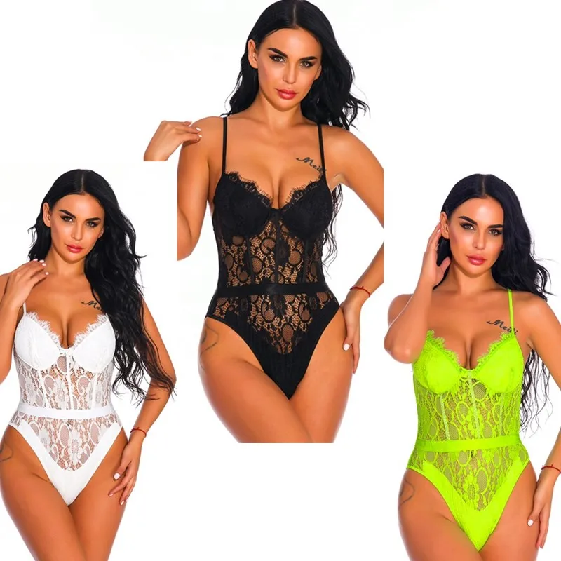 Vrouwen kanten bodysuit sexy lingerie pamas open kruis nachtkleding teddy met strappy wimperbekers dames slaapkleding babydoll ondergoed s-xxl