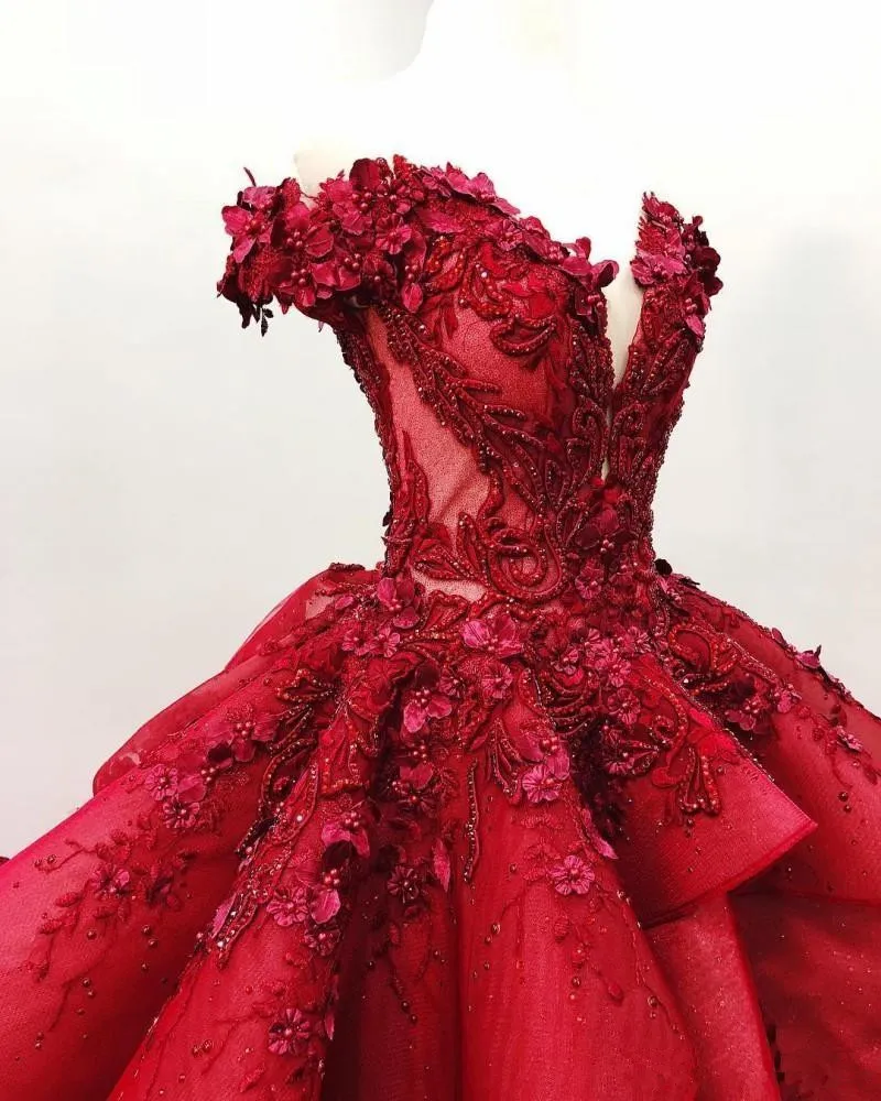 Red ball gown off shoulder clearance
