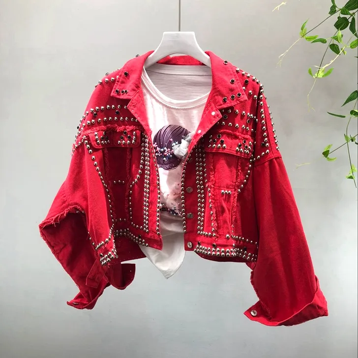 2018 Automne Femmes Harajuku Rouge Denim Veste Manteau Lourde Main Perlé Rivet Court Noir Jeans Vestes Étudiants Manteaux De Base Tenue