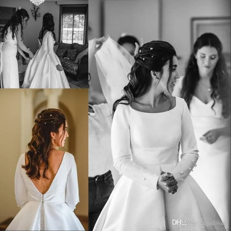 Elegant Country Style A-line Wedding Dresses Scoop Neck Backless Long Sleeves Pleated Simple Satin Wedding Dress Bridal Gowns With Pearls