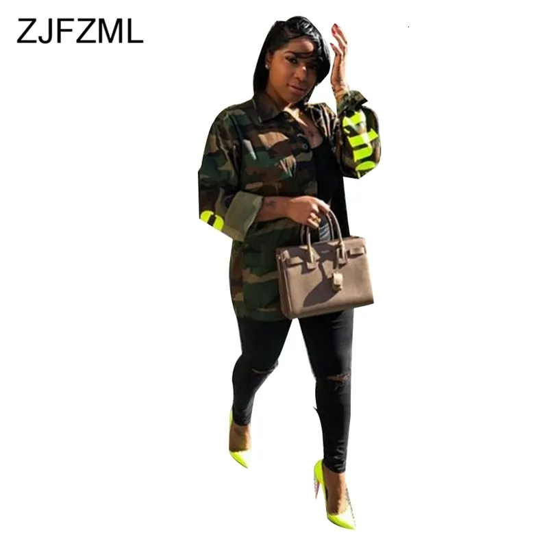 ZJFZML Stampa mimetica Giacche casual Donna Colletto rovesciato Cappotto a maniche lunghe Streetwear Verde militare Lettera Capispalla Punto aperto Y191014