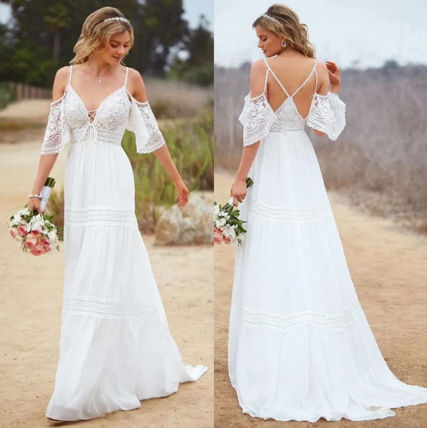 Moda rendas sem costas praia vestidos de casamento cintas de espaguete com decote em v boêmio vestidos de noiva chiffon trem varredura robe de mari￩e