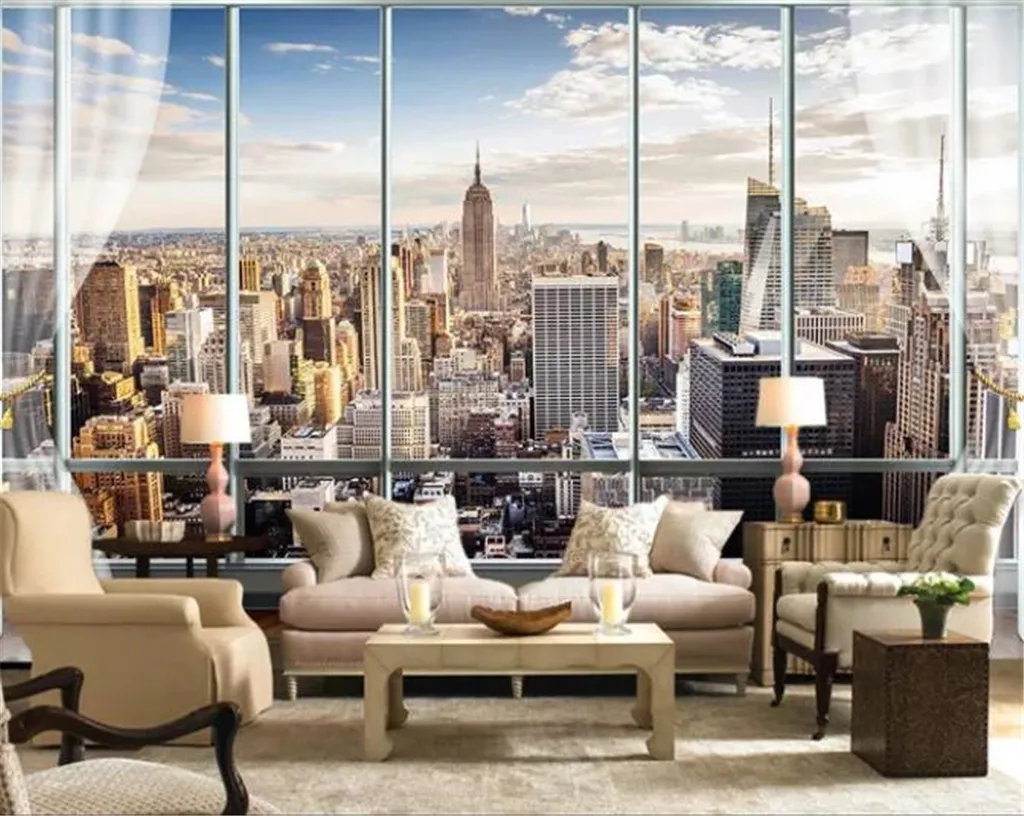 Venta al por mayor en línea Papel tapiz Ventana estéreo 3d Ciudad de Nueva York Papel tapiz con paisaje de gran altura Papel tapiz fino HD personalizado