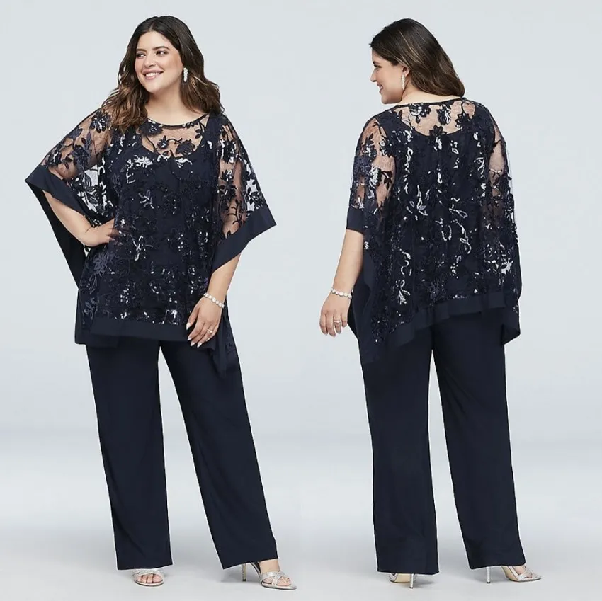 Abiti da sposo per la madre della sposa taglie forti blu navy con abito da sposa con paillettes avvolgenti Abiti da sposo per madri in chiffon a tre pezzi