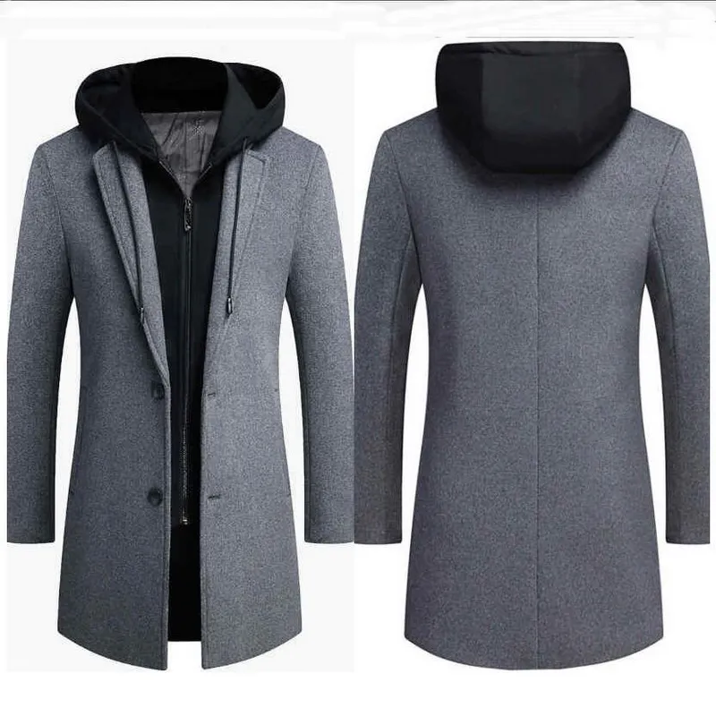 Hommes marque laine mélange mode hiver chaud épais manteau de laine mi-long amovible chapeau laine manteau Double col veste