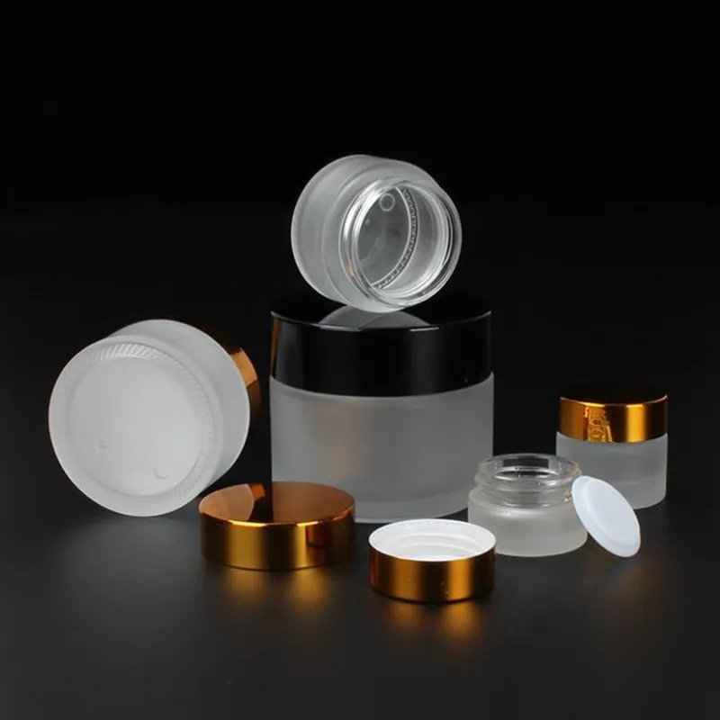 50g 30g 20g 15g 10g 5g Frost Glas Zalfpotje met zilver goud zwart deksels 1oz Glazen Container 1/3oz Cosmetische Verpakking F1817