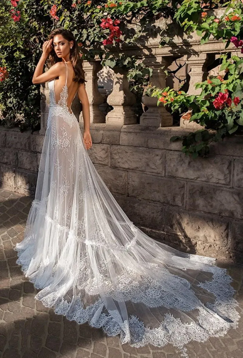 Elegant Elihav Sasson Mermaid Wedding Dress Spaghetti Lace Gown Beach Wedding 2024