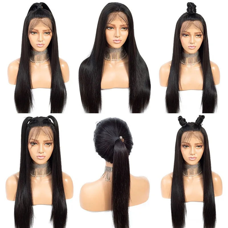 Natural Black Silky Straight Soft Full Hair 13x6 Synthetic Lace Front Wig Glueless 10% Human Hair Wigs Heat Resistant Fiber For Black Women