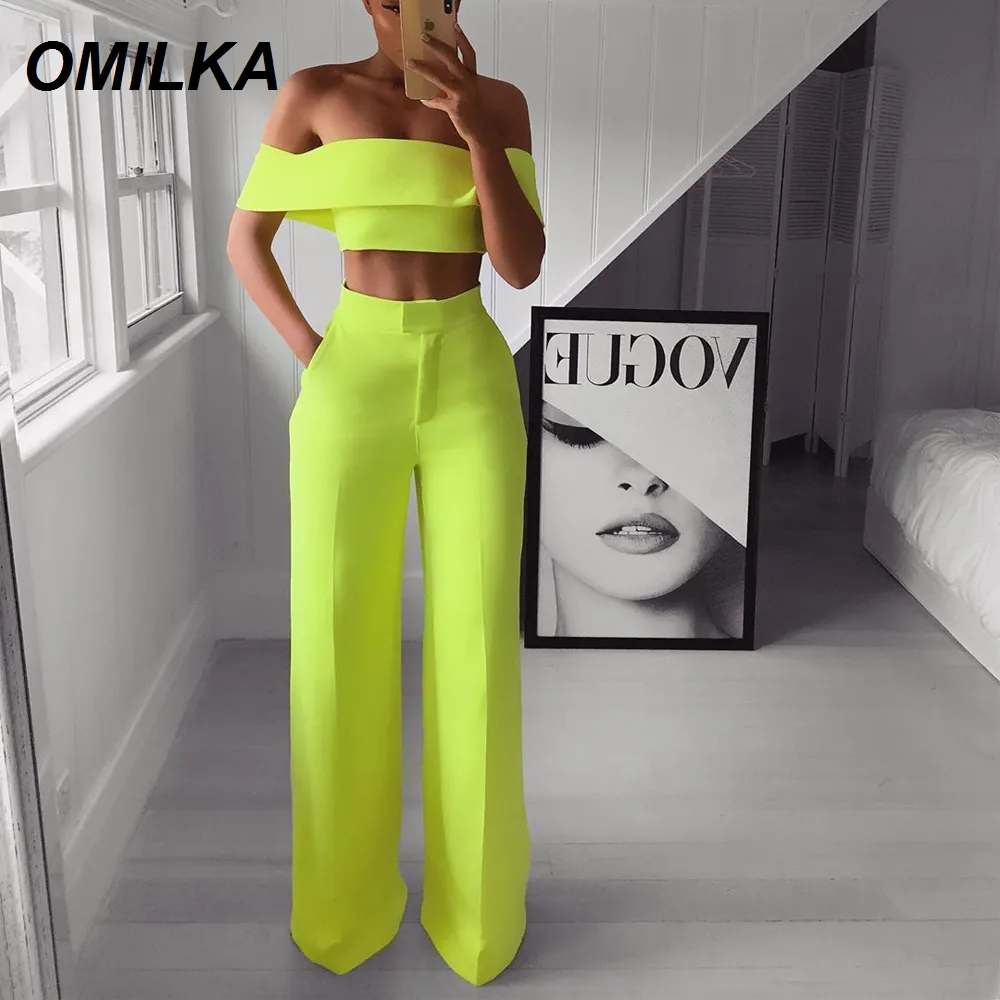 Elegante senhora neon verde 2 peça conjunto feminino sólido fora do ombro colheita superior e calças de perna larga 2024 sexy verão roupas de duas peças