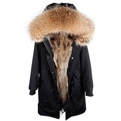 XLong style Women snow coats Maomaokong brand brown rabbit fur lined black X-Long parka with brown fox fur trim hoody