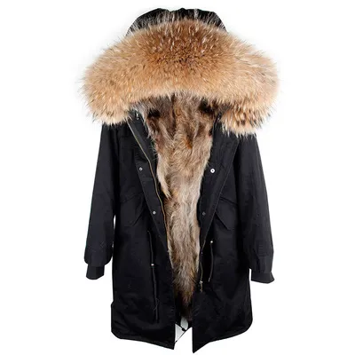 Xlong Style Women Snow Coats Maomaokong Brand Brown Rabbit Fur Lined Black X-Long Parka med Brun Fox Fur Trim Hoody