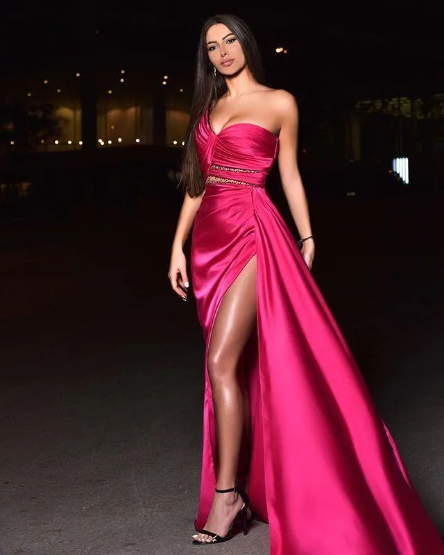 Fuchsia One Shoulder High Split Hot Pink Prom Dress With Beaded Sequins And Ruffles Floor Length Prom Gown From Bestdressing 203.3 DHgate.Com