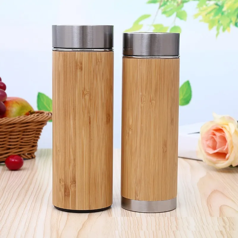 Naturlig bambu Tumbler 350 ml 450 ml Rostfritt stål Vattenflaska Vakuumflaskor Isolerade flaskor Bamboo Cup W9237