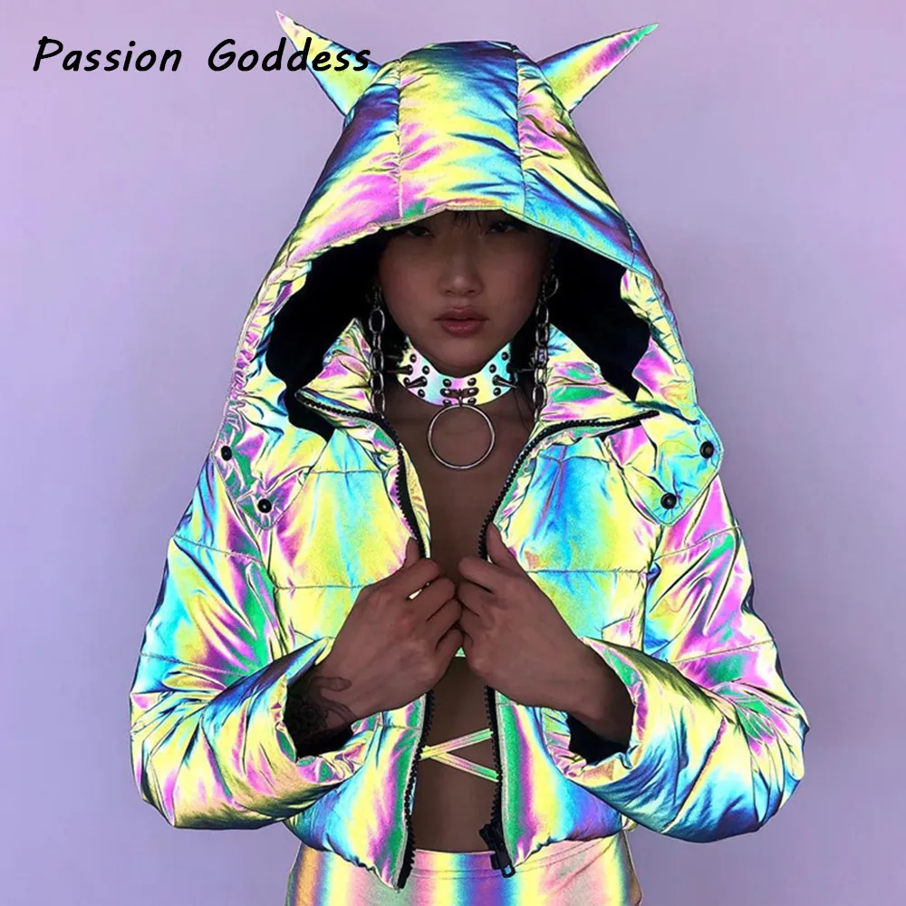 Winter Cute Women Reflective Long Parkas Down Hoodie Jackets Cool