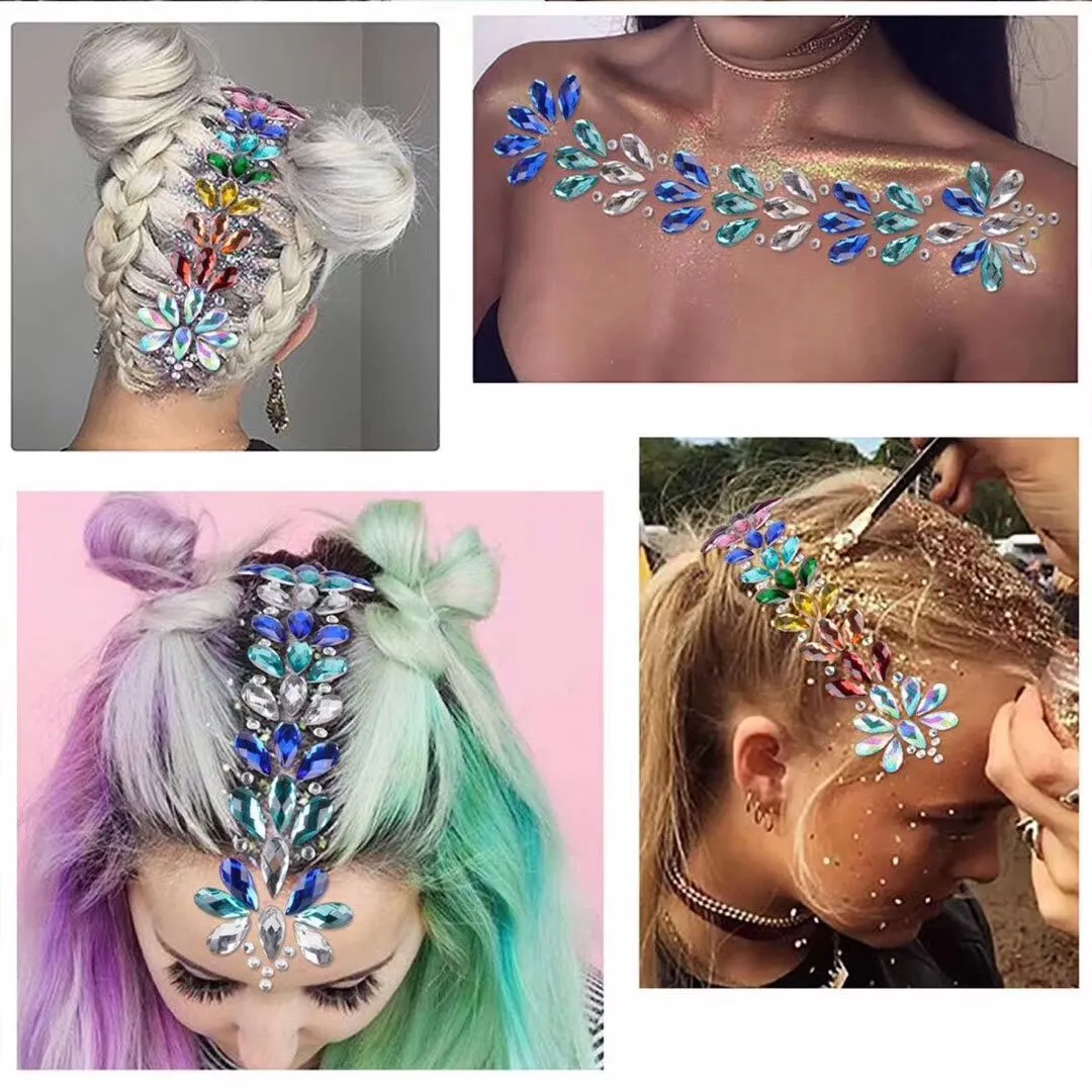 Rhinestone Face Stickers Mermaid Face Gems Jewels Festival Chest Body  Jewels Temporary Tattos Crystal For Women And Girls 2 Sets (pattern 1)