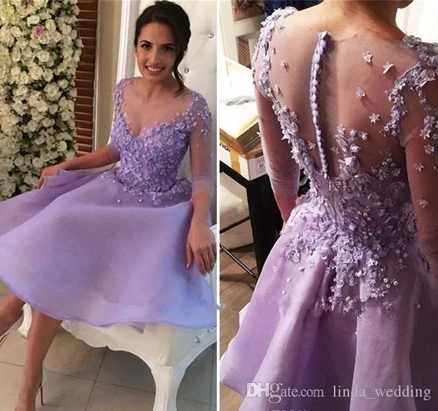 2019 Chic Lavande Courte Date Robe De Bal Une Ligne Avec Manches Juniors Sweet 15 Graduation Cocktail Robe De Soirée Plus La Taille Sur Mesure