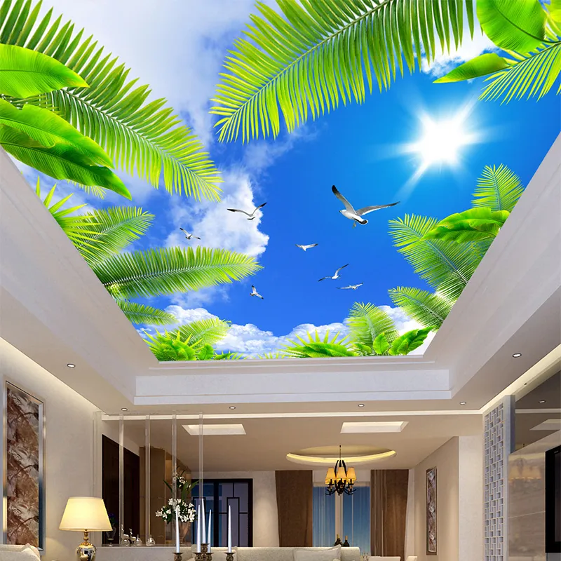 カスタム3D天井壁画写真壁紙リビングルームテーマホテル天井壁の装飾青い空白い雲ビーチツリーの壁紙