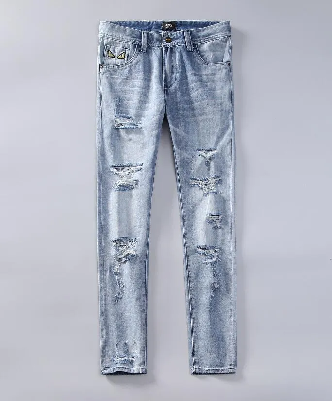 Mens Biker Jeans Nya Distressed Holes Design Slim Fit Penna Byxor Långbyxor High Street Jean