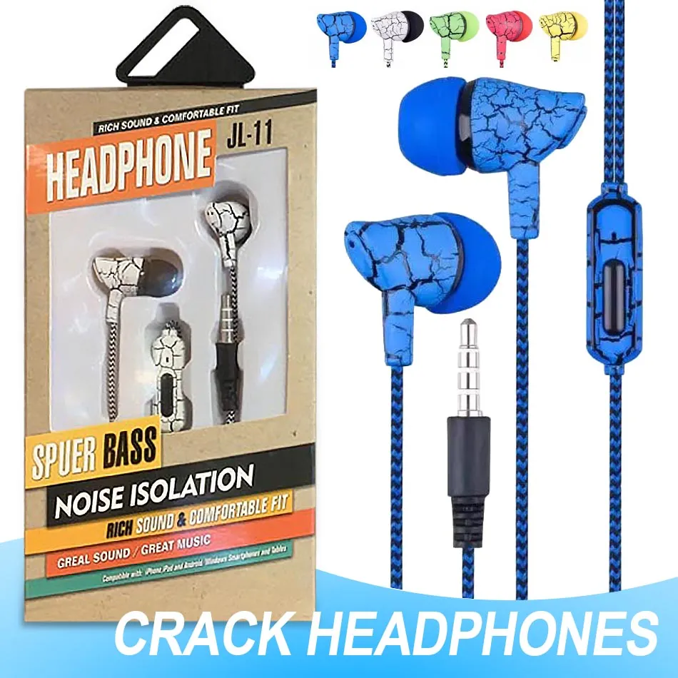 3.5mm Earphones Bass Headsets Stereo Sound Crack Shape In-Ear Headphones wired With Mic Volume Control for Andriod with Retail Box