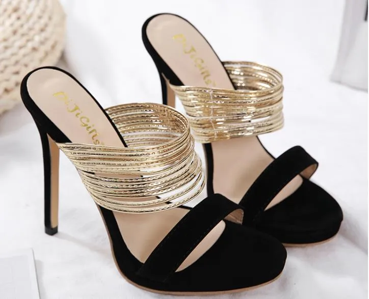 Luxus-Designer-Damensandalen, sexy Gold-Schwarz-Slip-on-High-Heels-Slipper, Größe 35 bis 40