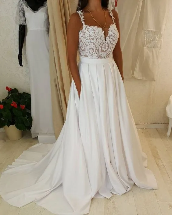 Boho Brautkleider 2019 Robe de Mariee Spaghettiträger Perlenspitze Chiffon Strandhochzeitskleid Brautkleider Vestidos de Noiva Günstiges Kleid