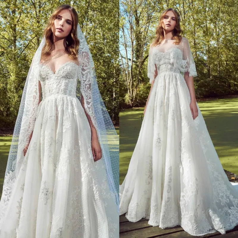 Elegante Zuhair Murad Vestidos de Casamento Rendas Com Envoltório de Lantejoulas Querida Neck A Linha Frisado Vestidos de Noiva Appliqued Plus Size Vestido De Novia