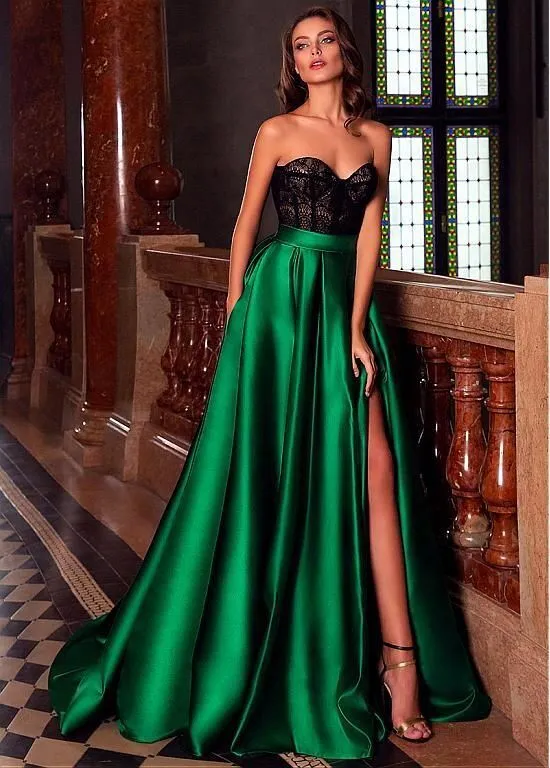Dark Green Long Split Evening Dresses Black Lace Top Sweetheart